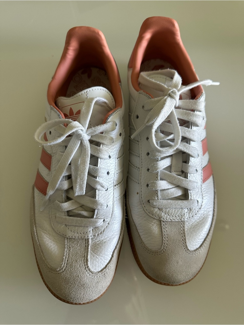 Adidas Women’s White Sneakers with Pink/Coral Stripe Accents